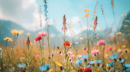 Vibrant Mountain Meadow in Full Bloom with Wildflowers on a Sunny Day. Concept of Nature's Beauty, Summer Serenity, Botanical Diversity, and Peaceful Outdoor Scenery.の写真素材