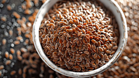 Bowl Filled with Flax Seeds Showcasing Healthy Nutrition, Organic Superfood, and Natural Dietary Fiber Benefits. Plant-Based Diet, Superfoods.の写真素材