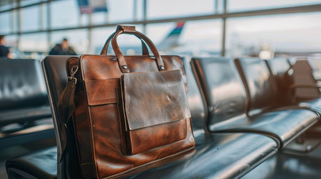 Businessman's Leather Briefcase on Airport Lounge Chair. Concept of travel essentials, corporate lifestyle, professional journey, and business trips. Copy space.の写真素材