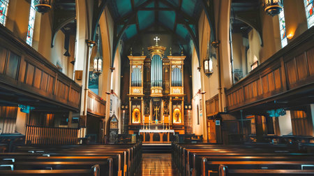 Majestic Church Interior with Magnificent Pipe Organ and Wooden Pews Concept of Spiritual Serenity, Architectural Grandeur, Sacred Spaces, and Historic Design.の写真素材