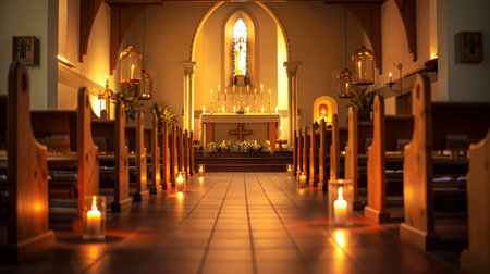 Serene Church Interior with Wooden Pews and Candlelit Ambiance, Concept of Tranquility, Spiritual Reflection, and Sacred Worship.の写真素材