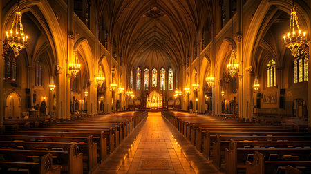 Majestic Church Interior with High Vaulted Ceiling and Stained Glass Windows. Concept of Spirituality, Architectural Beauty, Peaceful Ambiance, and Historical Heritage.の写真素材