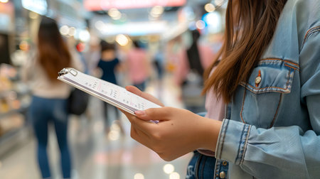 Young Woman Holding Clipboard in Busy Shopping Mall. Concept of Retail Business, Organization, Female Entrepreneurship, and Modern Lifestyle.の写真素材