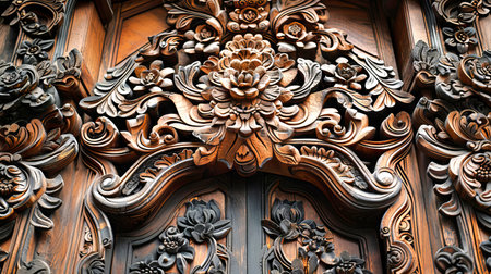 Intricate Carved Wooden Door with Floral Patterns, Concept of Traditional Craftsmanship, Artistic Details, Cultural Heritage, wood carving.の写真素材