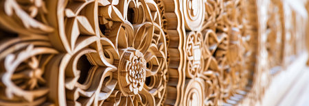 Intricately Carved Wooden Panel Featuring Detailed Floral Patterns and Geometric Designs. Concept of...