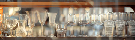 Elegant Glassware Display in kitchenware Store Window. Concept of Luxury Shopping, Home Decor Elegance, Crystalware Collection, Exclusive Retail Display. Banner.の写真素材