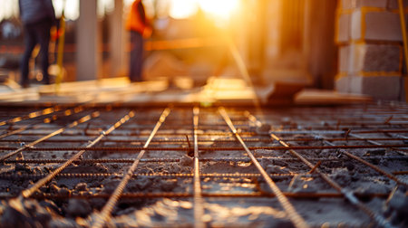 Construction Workers Pouring Concrete at Sunrise. Concept of Teamwork, Early Morning Labor, Building Progress, and Construction Site Dynamics.の写真素材
