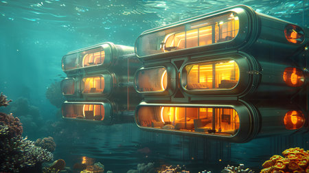 Contemporary Underwater Hotel with Expansive Ocean Views and Modern Design. Concept of Innovative Architecture, Luxury Travel, Unique Vacation Experiences.の写真素材