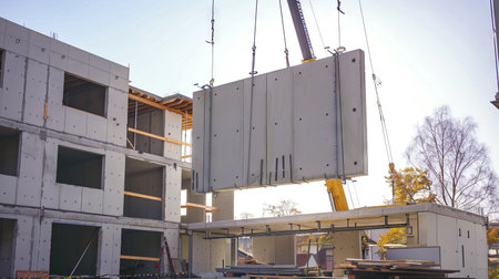 Crane Lifting Large Prefabricated Concrete Panel on Construction Site Modern Building Construction,...
