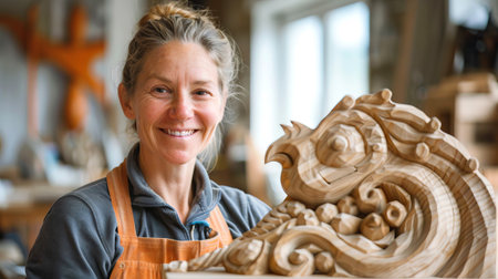 Smiling Female Woodcarver Master with Intricate Carving in Workshop - Concept of Craftsmanship,...
