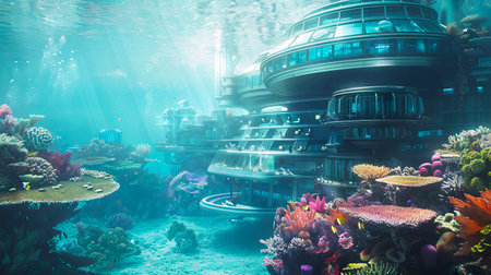 Futuristic Underwater City with Sleek Glass Buildings and Vibrant Coral Reef. Concept of Innovative Urban Living, Marine Architecture, Ocean Environment, Sustainability.の写真素材