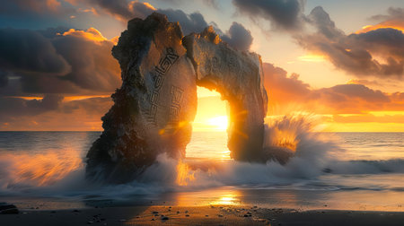 Magical Stone Archway with Runes at Sunset on Ocean Shore. Concept of Mystical Travel, Ocean Magic,...