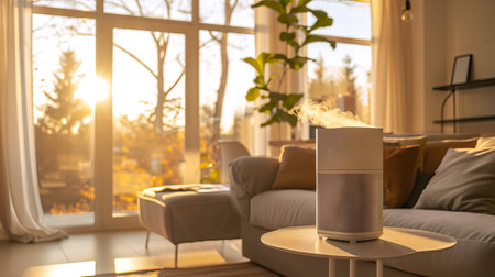 Modern Air Ionizer Enhancing Air Quality in Cozy Living Room at Sunset Concept of Home Comfort, Relaxation, Indoor Environment, Healthy Lifestyle.の写真素材