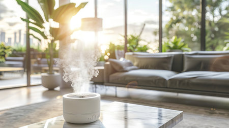 White Humidifier Emitting Mist in a Sunlit Living Room with Green Plants Aesthetic Minimalist Home...