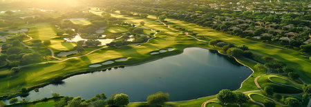Aerial View of a Serene Golf Course at Sunrise Highlighting Tranquil Greenery and Water Hazards....