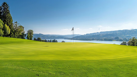Pristine Green Golf Course Overlooking a Serene Lake and Hillside Landscape. Concept of Outdoor Sport, Scenic Beauty, Relaxation, and Nature Enjoyment.の写真素材