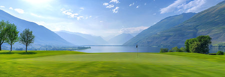Scenic View of a Pristine Green on an Empty Golf Course by a Serene Lake and Mountain Range at Sunrise. Banner.の写真素材