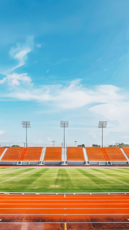 Empty Sports Stadium with Orange Seats Under Clear Blue Sky Concept of Athletic Events, Leisure...