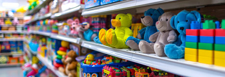 Colorful children's toys displayed on a shelf in a toy store. Concept of playful shopping, childhood Fun, Indoor Entertainment, Creative Learning, and vibrant retail. Banner.の写真素材