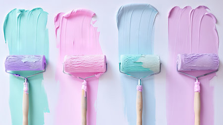 Colorful Pastel Paint Rollers on Canvas with colorful paint strokes. Concept of Interior Design, Creative Home Renovation, Artistic Expression, Decorative Painting Techniques.の写真素材