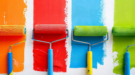 Four Vibrant Paint Rollers in Orange, Red, Blue, and Green on White Background with colorful paint strokes. Concept of Creative Home Decor, Colorful Design, DIY Projects, and Interior Renovation Inspiration.の写真素材