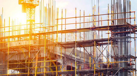 Construction site with scaffolding and steel reinforcements illuminated by warm sunlight. Concept of...