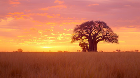 Serene savanna sunset with majestic baobab tree silhouette. Copy space.の写真素材