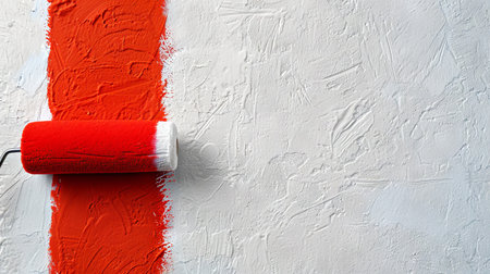 Top View of Clean White and Red Paint Roller on Textured Wall with red paint stroke. Concept of Home Improvement, DIY Painting, Interior Design, and Renovation. Copy space.の写真素材
