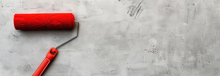 Top View of Red Paint Roller on Light Wall Concept of Home Renovation, DIY Projects, Painting...