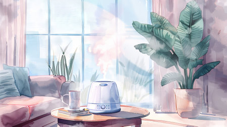Watercolor Art of a Chic Humidifier on a Stylish Coffee Table in a Sunlit Living Room. Concept of...