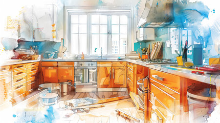 Watercolor Art of a Vibrant Kitchen Under Renovation Featuring Colorful Cabinets and Sunlit Windows Creating a Dynamic and Inviting Atmosphere in Home Improvement Projects.の写真素材