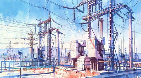 Watercolor illustration of modern electrical power station with transformers and high voltage lines....
