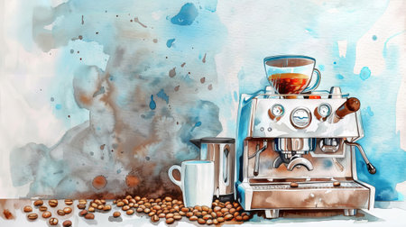 Watercolor Illustration of a Modern Coffee Machine with Beans and Cup. Concept of Coffee Culture, Artisan Beverages, Espresso Making, and Home Brewing. Copy space.の写真素材