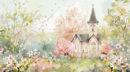 Watercolor Illustration of a Quaint Country Church Surrounded by Blossoming Flowers and Vibrant Greenery Concept of Tranquility, Nature's Beauty, Spiritual Sanctuary.の写真素材