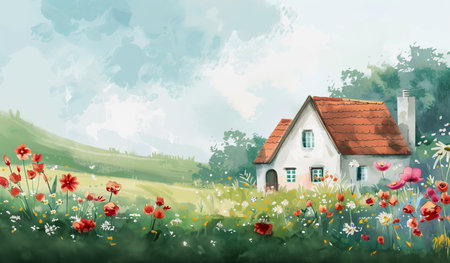 Serene Watercolor Illustration of a Quaint European House Surrounded by Vibrant Wildflowers Concept of Tranquility Nature Cottage Life Countryside Escape.の写真素材
