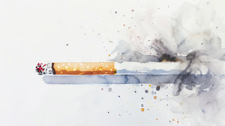 Watercolor Illustration of a Smoldering Cigarette with Smoky Details as a Concept of Smoking Effects...