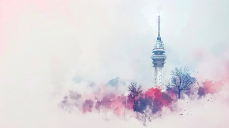 Watercolor Art of a Tower Amidst Vibrant Trees and Misty Sky - Concept of Architecture, Nature,...