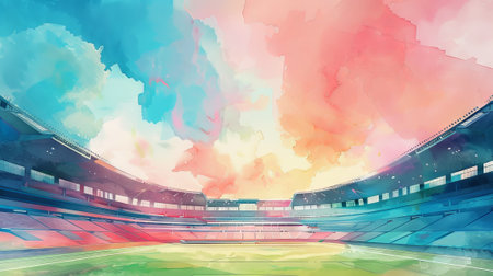 Watercolor Illustration of an Empty Sports Stadium with Colorful Skies Concept of Solitude, Architecture, Tranquility, and Dreamy Atmosphere. Soccer Field.の写真素材
