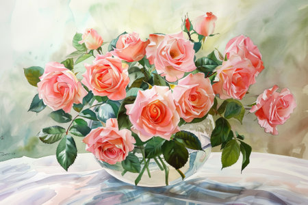Elegant Pink Rose Bouquet in Glass Vase Watercolor Art. Concept of Floral Beauty, Romantic Decor, Nature's Elegance, Botanical Art.の写真素材