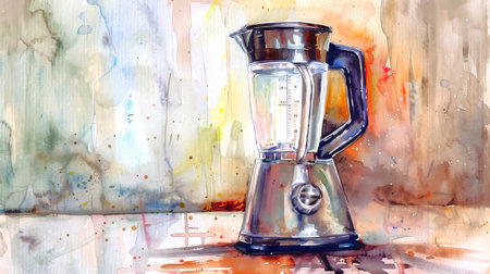 Watercolor Illustration of a Sleek Powerful Blender with Metallic Details, Concept of Modern Kitchen Appliances, Culinary Artistry, and Vibrant Home Decor. Copy space.の写真素材