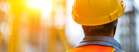 Architect Close-Up Wearing Hard Hat at Construction Site. Concept of Engineering, Professional Career, Building Design, Safety Measures. Banner. Copy space.の写真素材