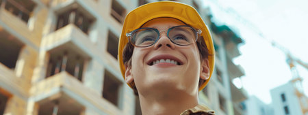 Smiling Young Caucasian Architect in a Yellow Hard Hat Overlooking a Construction Site. Concept of...