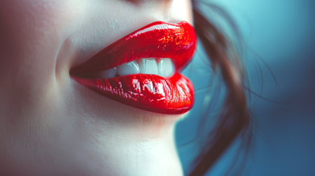 Close-Up of Caucasian Woman's Glossy Red Lips Smiling with Fresh Makeup Shine. Concept of Beauty, Self-Care, and Confidence.の写真素材