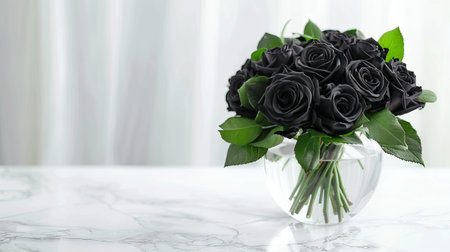 Elegant Bouquet of Black Roses with Fresh Green Leaves in Modern Sunlit Living Room. Concept of Contemporary Decor, Indoor Plants, Sophisticated Elegance.の写真素材