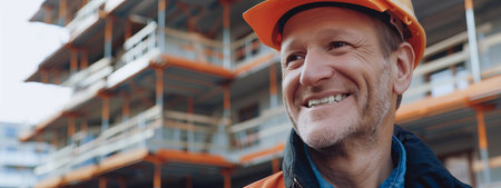 Smiling male architect in hard hat at a construction site with scaffolding and unfinished buildings...