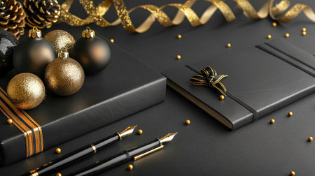 Luxurious Flat Lay of Black Notebook with Gold Pen and Holiday Ornaments on dark backdrop. Concept...