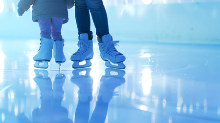 Mother and Child Ice Skating Together on a Rink. Concept of Winter Fun, Family Bonding, Outdoor Activities, and Childhood Memories.の写真素材