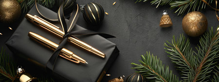 Luxurious Flat Lay of Elegant Holiday Gift with Gold Ribbon and Ornaments on Dark Textured Surface....