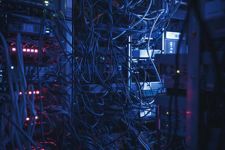 Intricate network of internet cables in a minimalistic setup. concept of connectivity, digital...