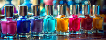 Colorful array of nail polish bottles in various shades neatly arranged on display. concept of...